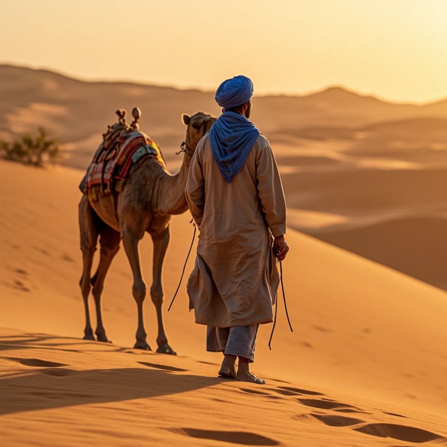 Travelers riding camels led by a guide in traditional Moroccan attire, crossing the golden dunes of the Sahara Desert at sunset.